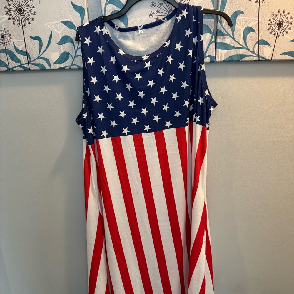 Plus Size 3x Patriotic Stars & Stripes Sleeveless Maxi Dress Red, White & Blue